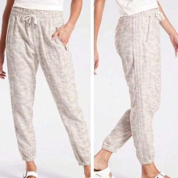 Athleta Cabo Tide Linen Drawstring Jogger Pants Womens 8P in Neutral Camo Print - Picture 1 of 14
